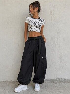 Noisy May Theo Cargo Harem Black High-Waisted Pants Cotton Women Waist 28